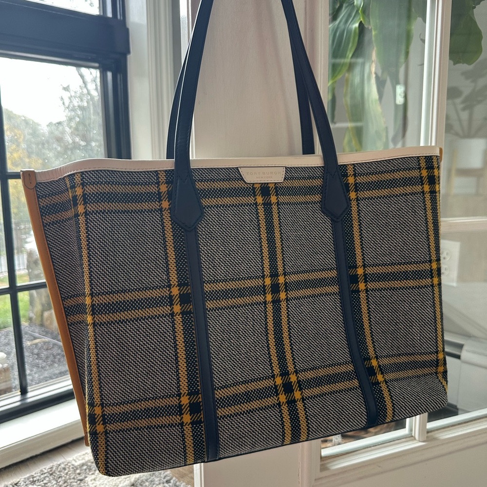 Tory Burch Plaid Tote in Yellow and Navy